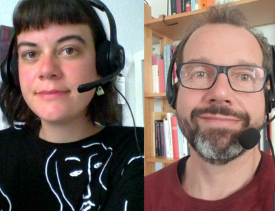 Podcast Folge 8 mit Moderatorin Enya Unkart und Soziologe Prof. Dr. Holger Lengfeld mit Headsets, Foto: privat