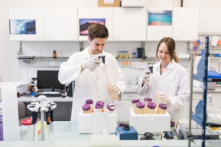 Zwei Studierende füllen Flüssigkeiten ab im Labor, Foto: Christian Hüller