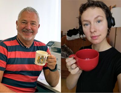 Podcast Folge 19 Dr. Jürgen Ronthaler und Annika Seiferlein mit Tassen in der Hand, Foto: privat