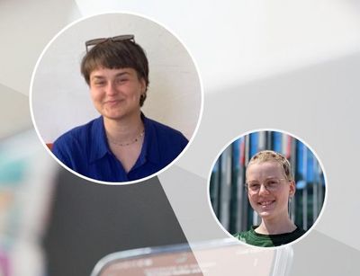 Grafik zum Podcast Auf einen Kaffee mit Karina Burchak und Viktoria Rauchhaus, Fotos: privat, Neele Löwenberg / Grafik: Thomas Häse - Universität Leipzig