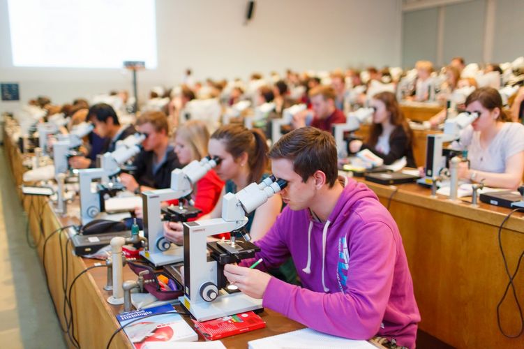 Studierende sitzen in einem großen Hörsaal und blicken in Mikroskope, Foto: Christian Hüller