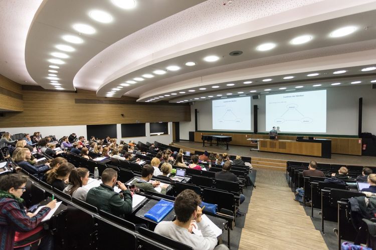 Blick von hinten auf einen großen Hörsaal, in dem Studierende sitzen und dem Dozenten zuhören, Foto: Christian Hüller